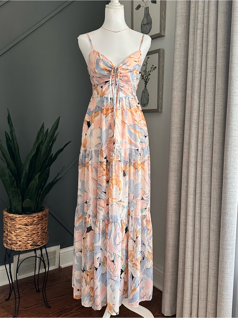 Astr Coquette Fairy Floral Tie-Front Maxi Dress in Peach and Light Blue